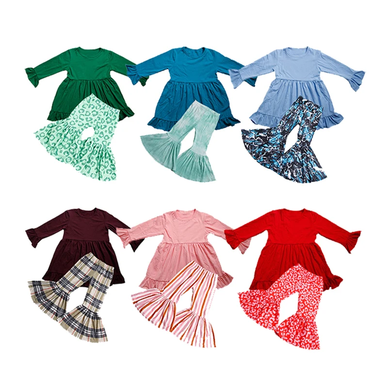 Children baby girl clothing sets long sleeve top ruffle cuffs and hem fashion flare pants customized kids cute 2 piece sets