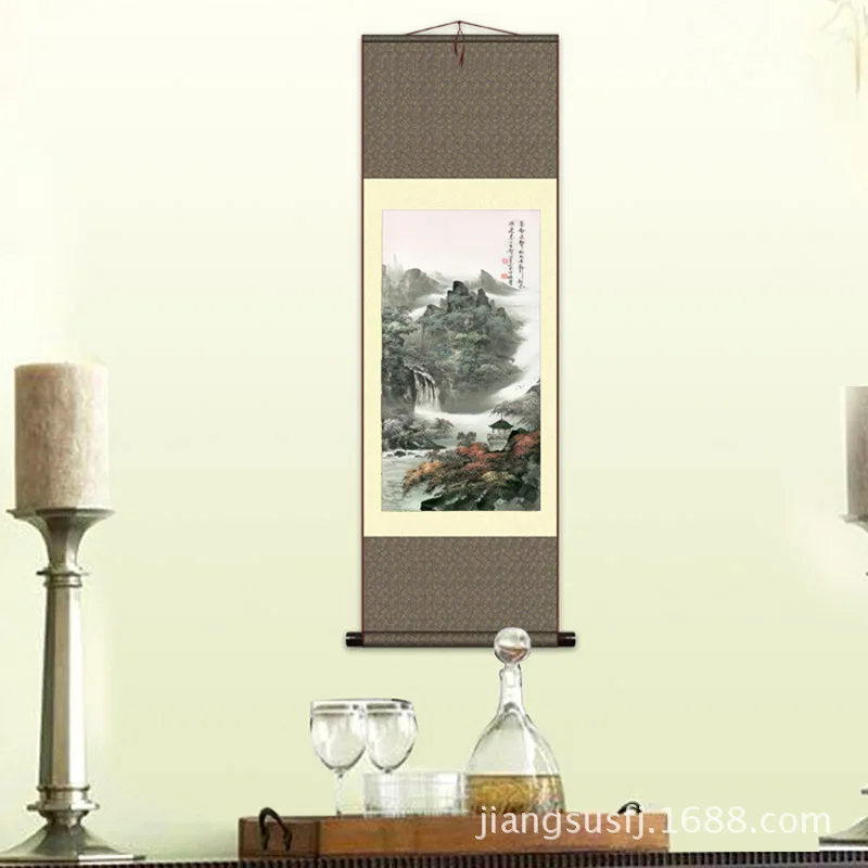 Living Room Office Hanging Landscape Silk Scroll Traditional Chinese Painting Mountain Spring Autumn Color S061