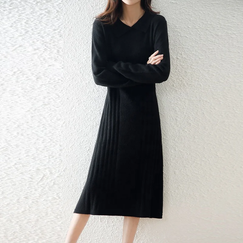 Autumn winter cashmere slim fit woolen knitted bottomed long dress