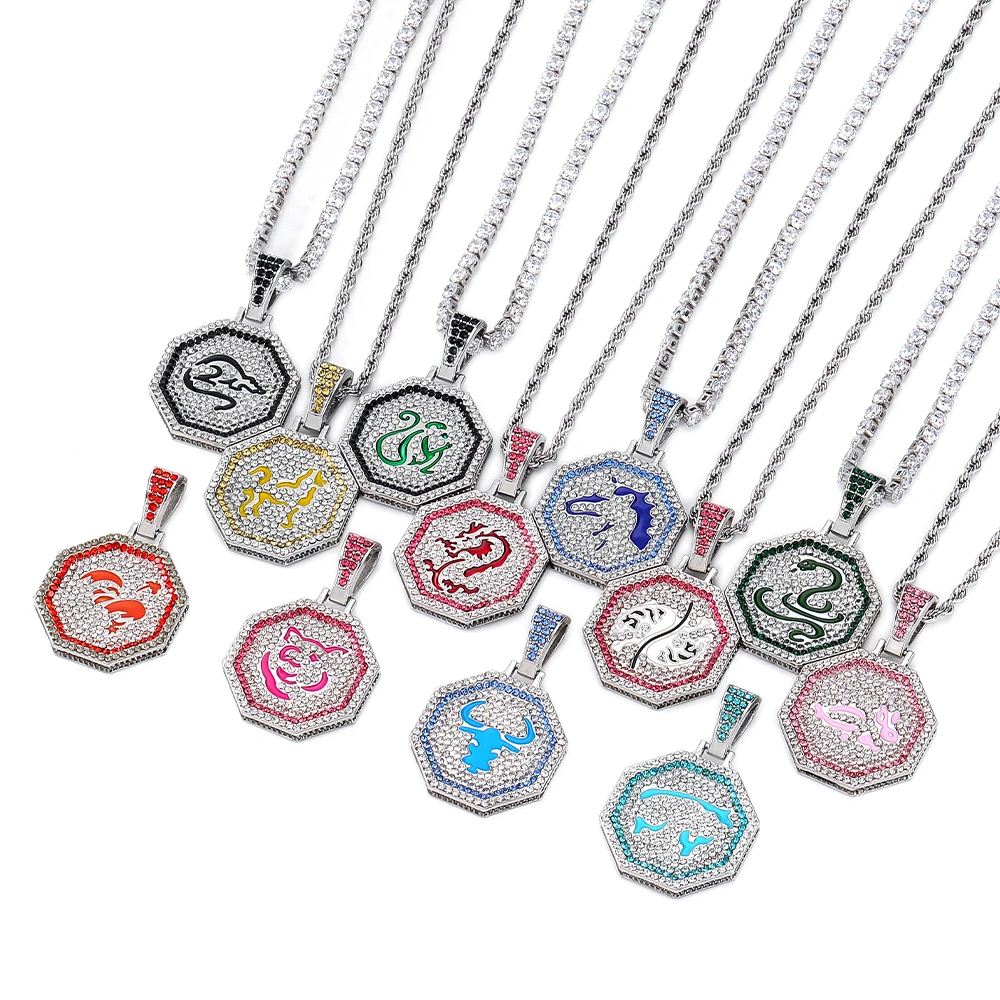 Craft Wolf fine jewelry fashion style micro insert zircon Chinese style element 12 Zodiac signs pendant necklace