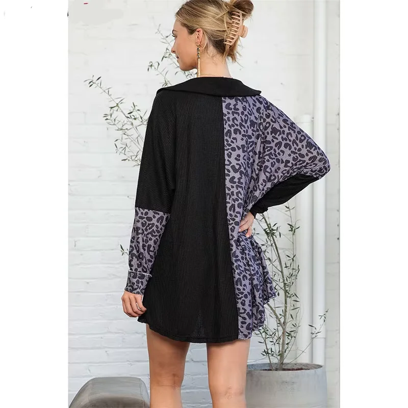 Wholesale New Arrival Oem Leopard Patchwork Waffle Knit Buttoned Split Hem Ribbed Luxury Oversize Sweater Womens
