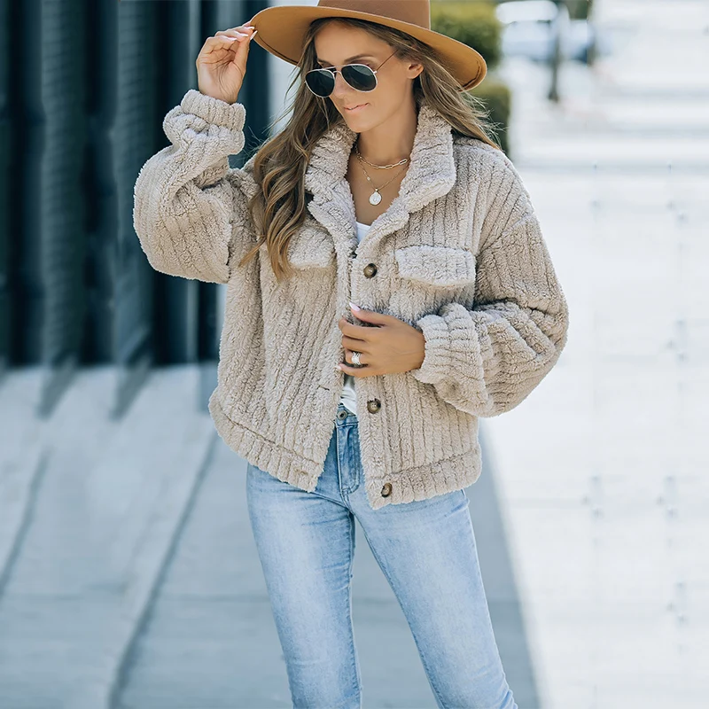 Shewin Clothing 2024 Fall/Winter Collection Casual Corduroy Plush Fleece Jacket for Women Solid Button Llama Lamb Fluffy Coat