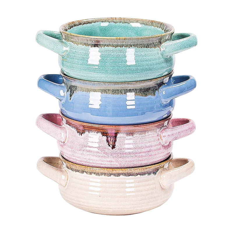 Custom Wholesale Cute 20 oz French Onion Soup Bowl Fancy Glazed Ceramic Soup bowl with handle