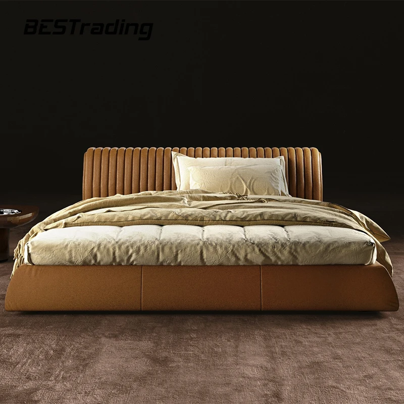 Luxurious retro latest design beds for the elderly queen furniture bedroom double leather wooden beds