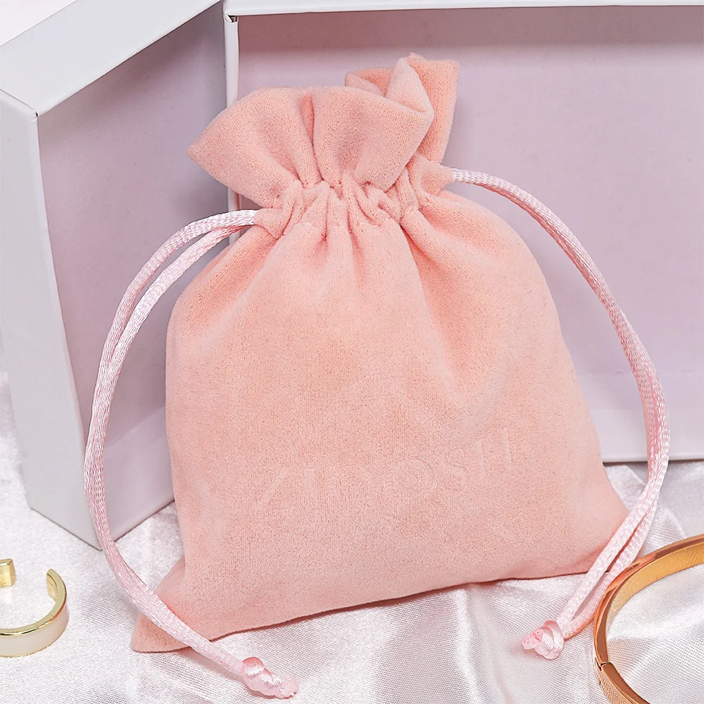 Custom logo printed small luxury gift perfume bracelet pouch pink flannel drawstring velvet jewelry packaging bag