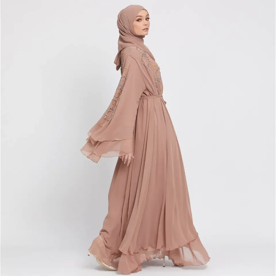 Customized Color Fashion Luxury  Chiffon  Layered with beads  Open Abaya Women Muslim Dress abaya