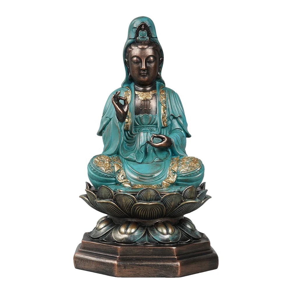 Asian style resin stone powder meditation sitting Kwan yin Buddha statue on lotus throne