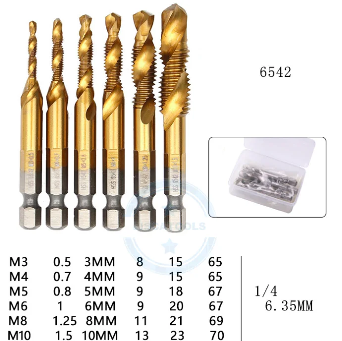 6pcs HSS 6542 Titanium plated metric hexagonal thread thread m3-m10 combination screw tap drill bit set for metal drilling