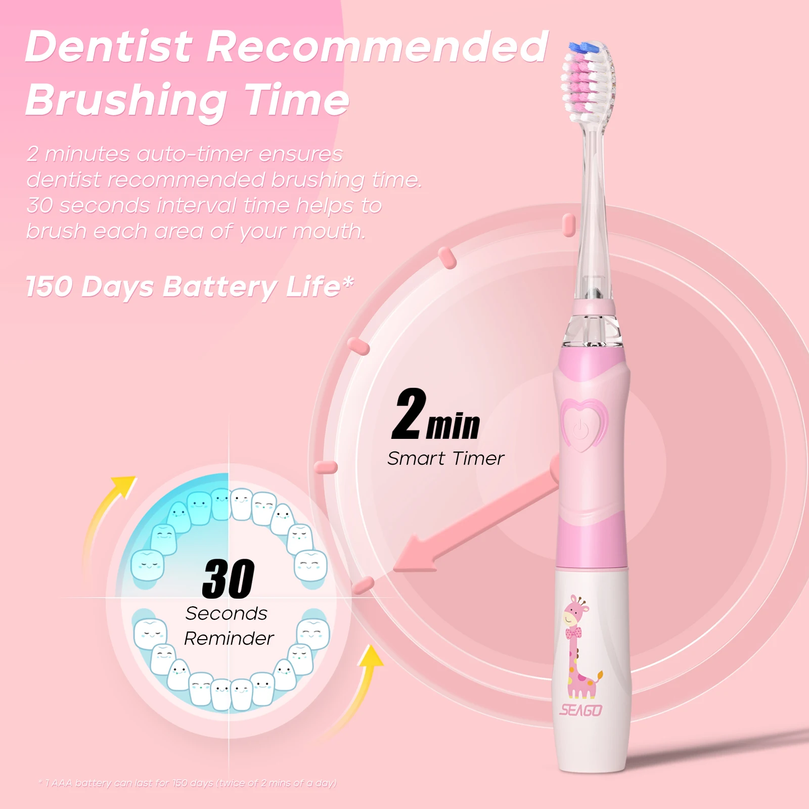 2024 OEM hot-selling SG977 kids cute LED electric toothbrush IPX7 Smart timer Battery-operated 4 Modes Observation Led