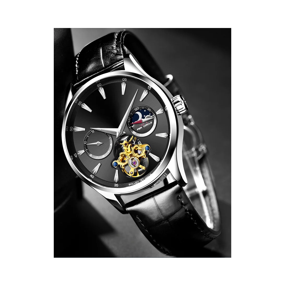Luxury stainless steel case hollow sun-moon phase men business mechanical watch