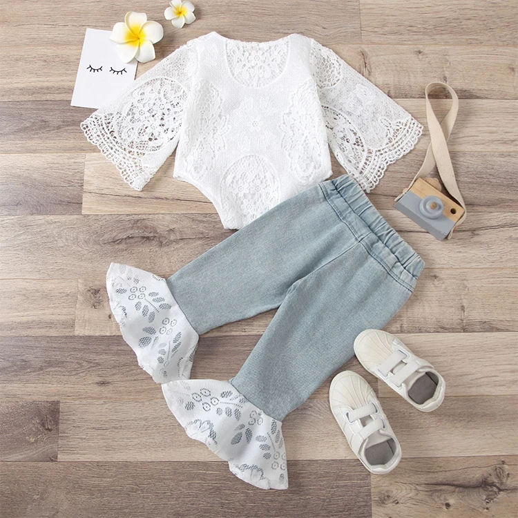 Fast Delivery Spring And Summer 2 Years Baby Girl Clothes White Butterfly Sleeve Top+Lace Denim Shorts 2Pcs Girl Clothing Set