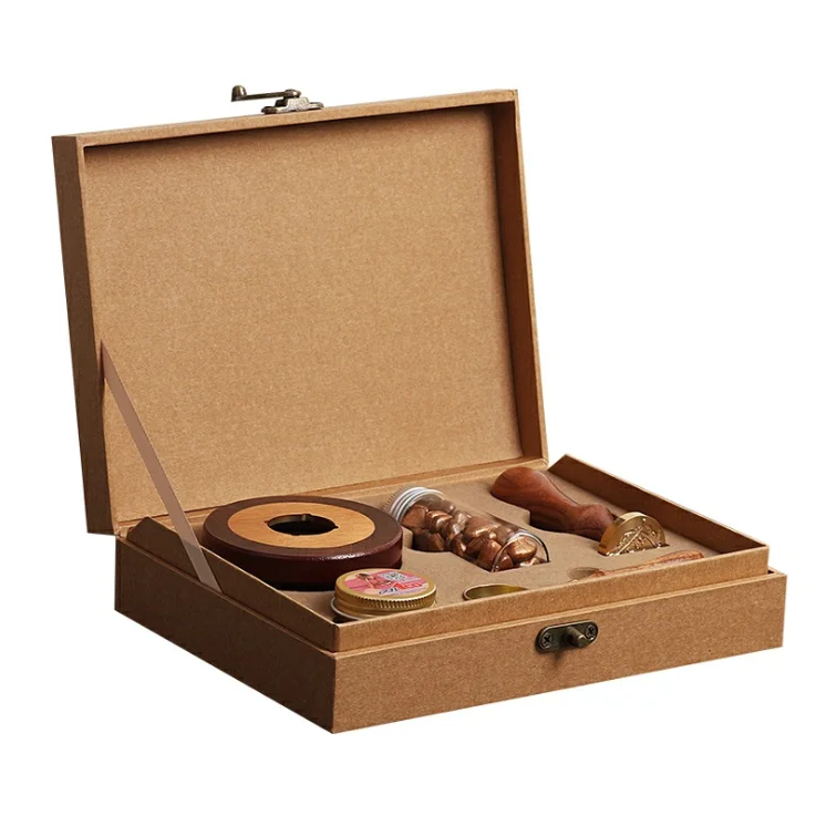 European Style Kraft Paper Color Gift Box Sealing Wax Stove 5 Gold Metal Brass Heads Heart Wax Stamp Melting Spoon Set