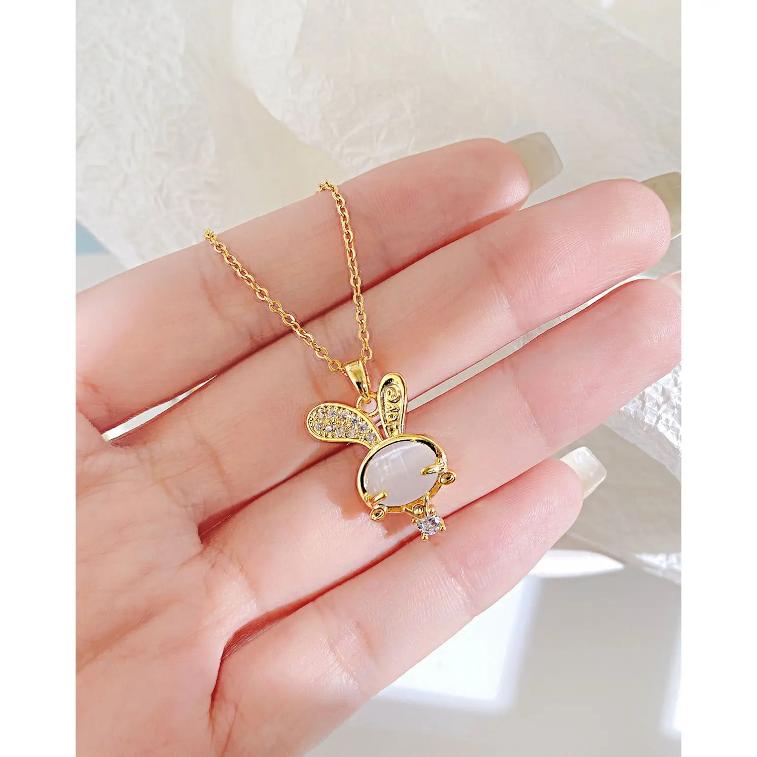 Bling stainless titanium steel statement opal necklace pendant non tarnish luxury Rabbit necklace women delicate necklace