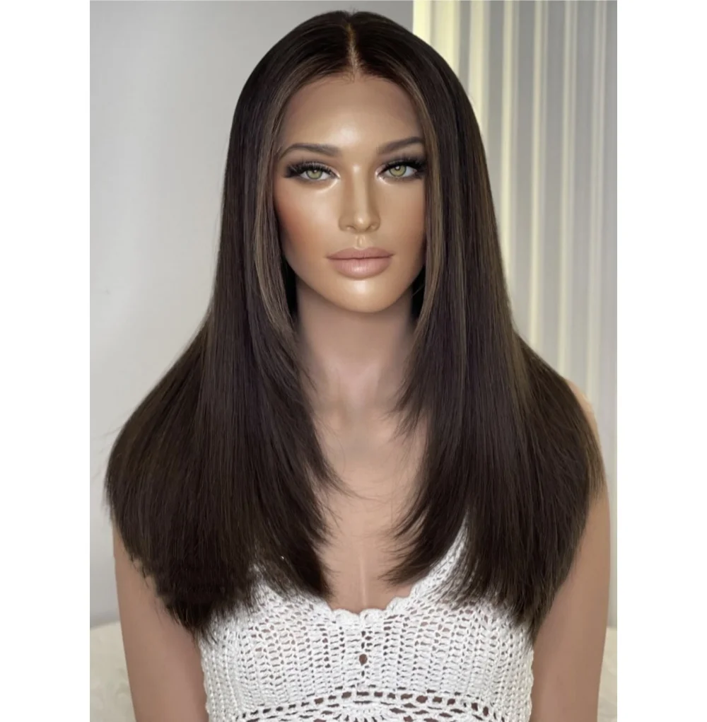 Thick 180% Dark Brown Balayage Layer Cut Style Glueless Virgin Russian Cuticle Human Hair Full Lace Front Wigs Double Drawn