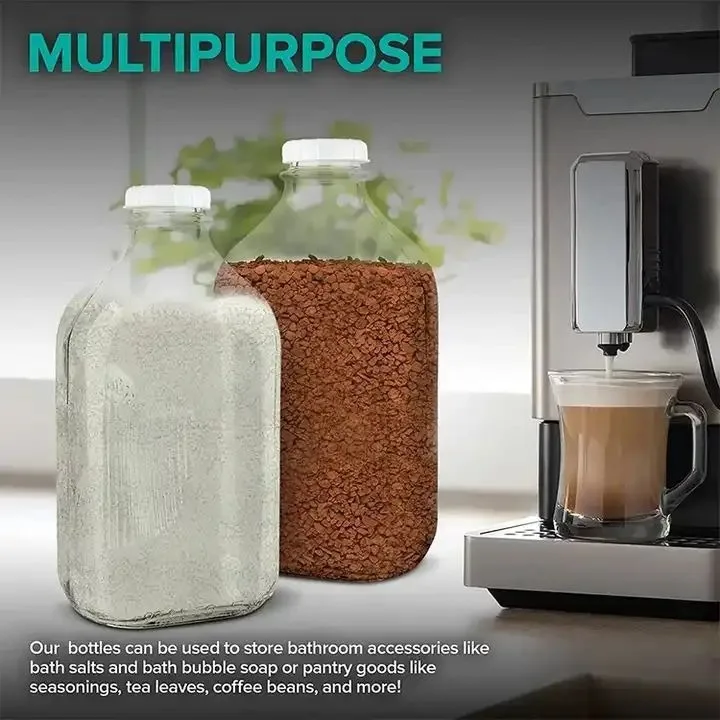 Wholesale 2L Clear Flat Square Glass Milk Bottle Glass Juice Bottle With Plastic Cap