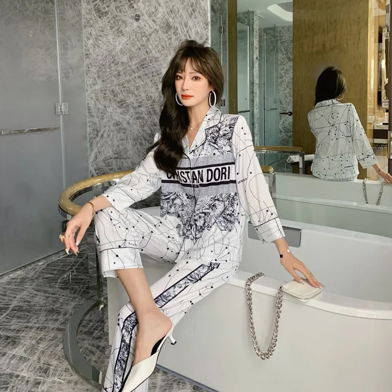 Match Wedding Female Fashionable Elegant Long-sleeved Trousers Home Wear Silk Pajamas For Family White