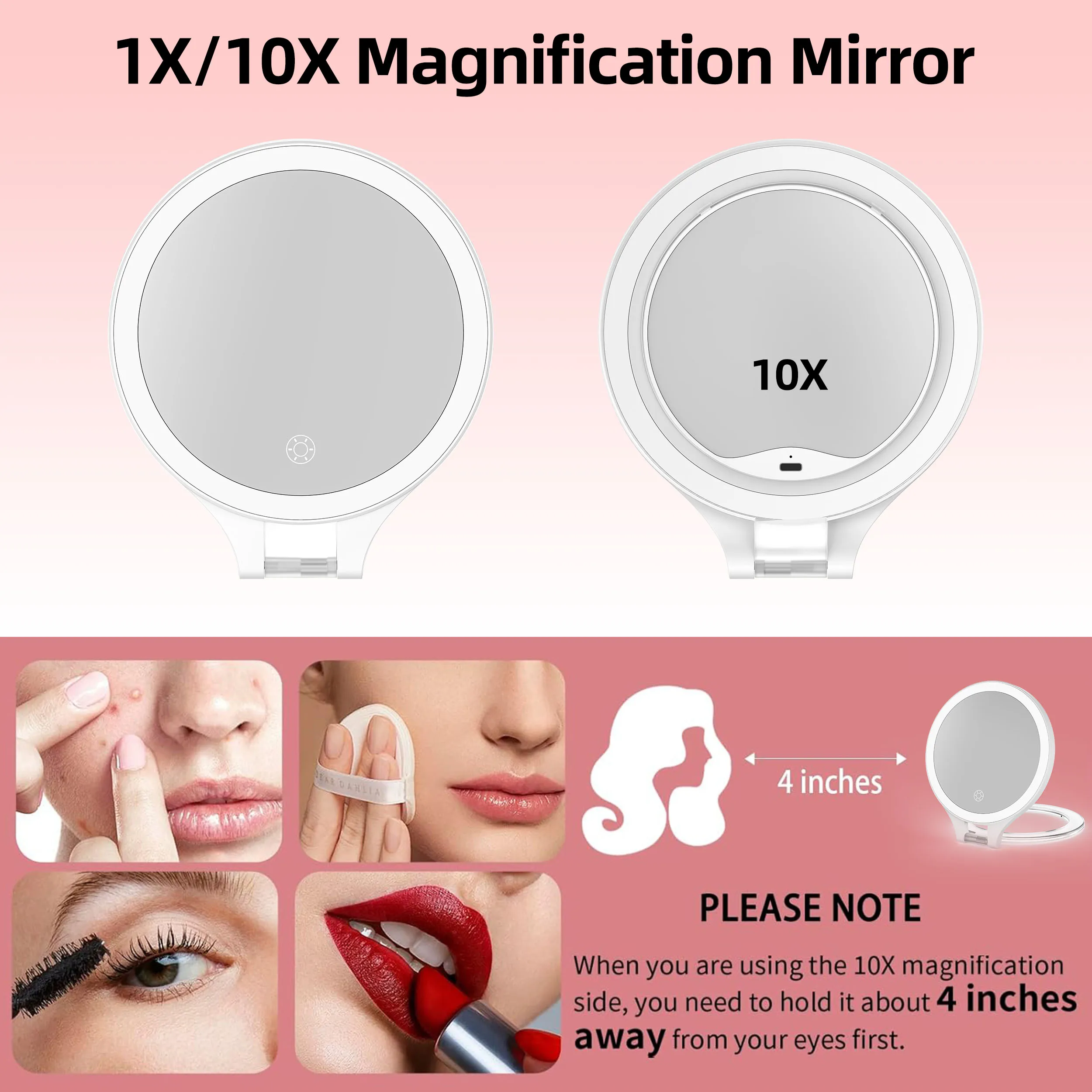 Stepless Dimming Touch Control For Brightness Portable 10x Led Vanity Makeup Folding Travel Mirror With Light Cosmetic Mirror