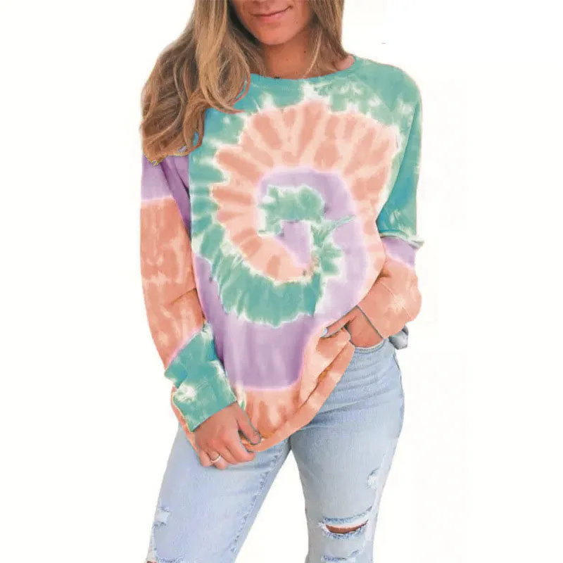 High Quality Long Sleeve Women Hoodie Spring Casual Irregular Round Neck Blouse Womens Tie Dye Sweatshirt