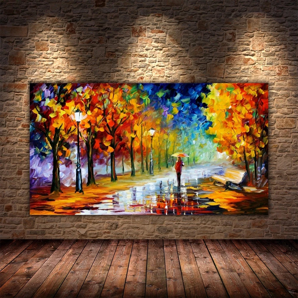 Lover Rain Street Tree Lamp Knife Scenery Oil Painting On Canvas Wall Art Painting For Living Room Home Decor