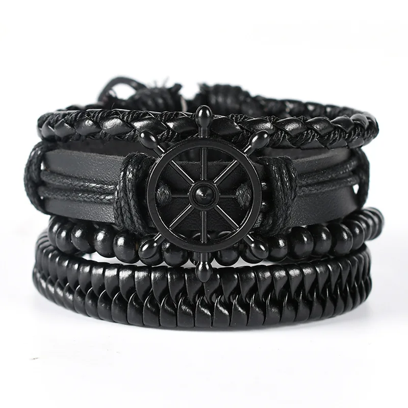 BINSHUO Wholesale Adjustable Retro Multilayer Wrap Rope Wheel Love Bangles Mens Leather Braided Charm Bracelets Vintage 4pcs/set