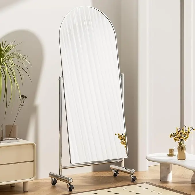 Full Length Mirror on Rolling Wheels Arched Mobile Standing with Stainless Steel Frame Modern Dressing Floor Mirror Home Decor