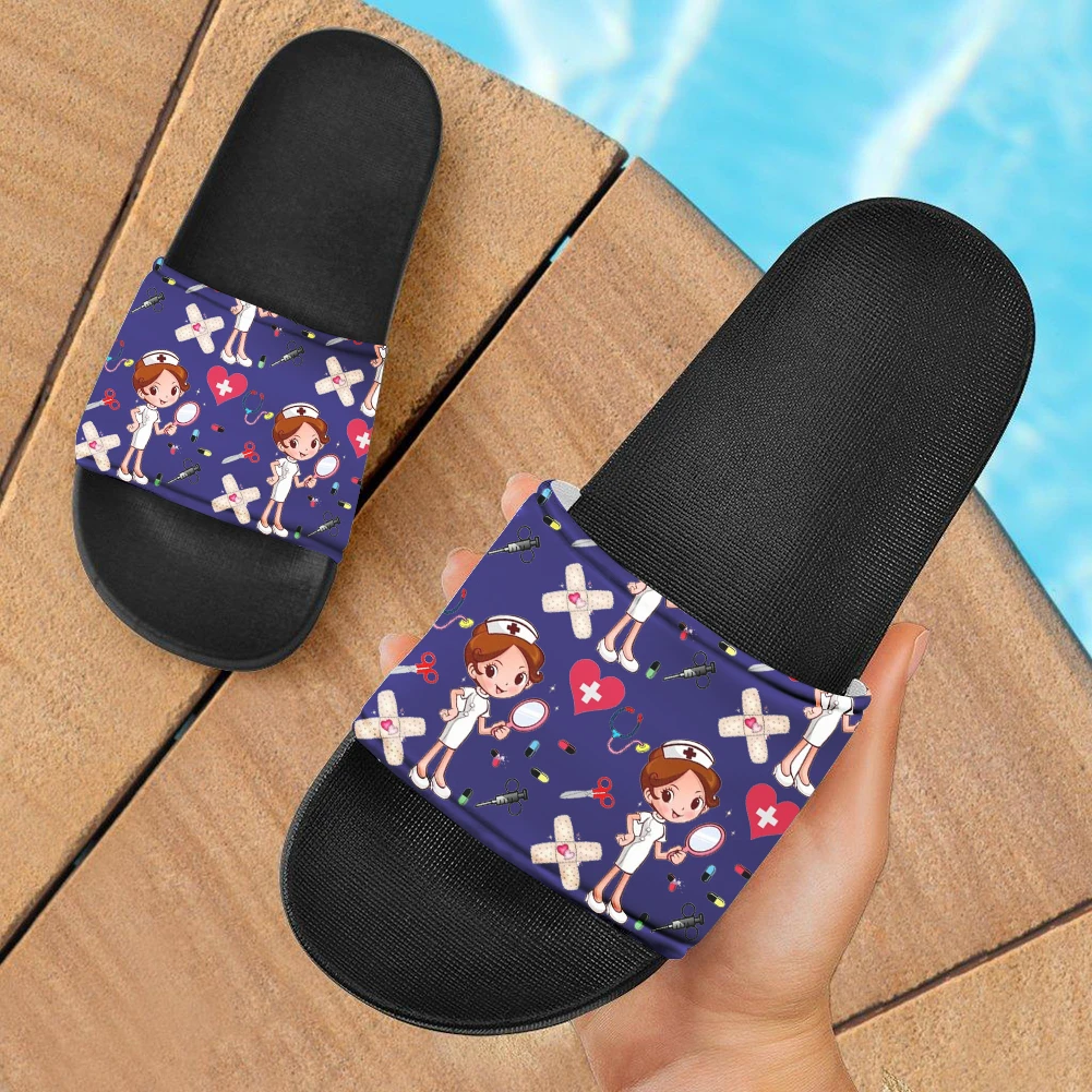 
Black And Navy Blue Nurse Cartoons Print Flat Slippers Eva Black Soles Soft Doctor Slipper Shoes Comfortable Home Footwear Women 