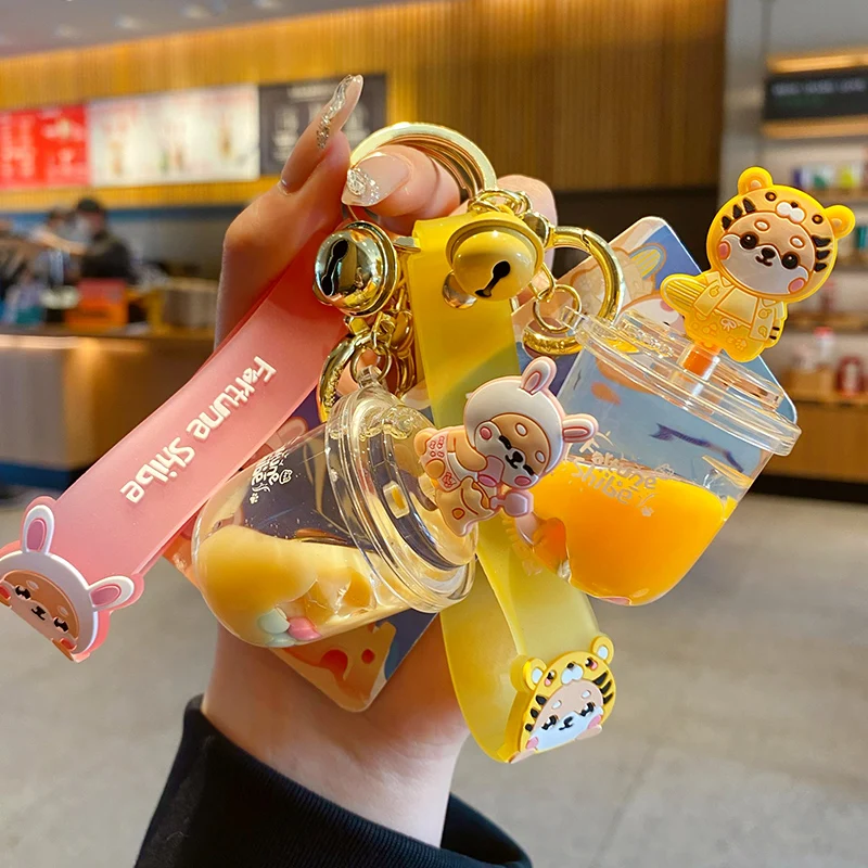 Baimao Wholesale genuine cartoon Shiba Inu Poba milk tea cup liquid key chain Kawaii Summer dog Quicksand cheap key chain