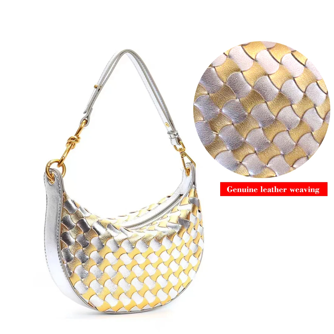 Cowhide Woven Shoulder Bags Lady Purse Handbags Summer Women Saddle Colored Versatile Underarm Crescent Single Straddle