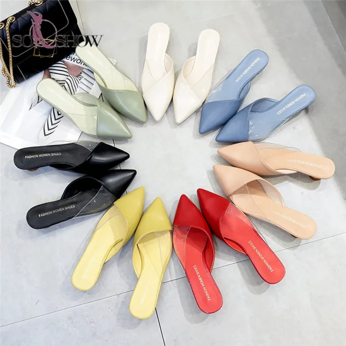 Custom logo slide slippers mid heel girls leather pointed toe sandals for women and ladies