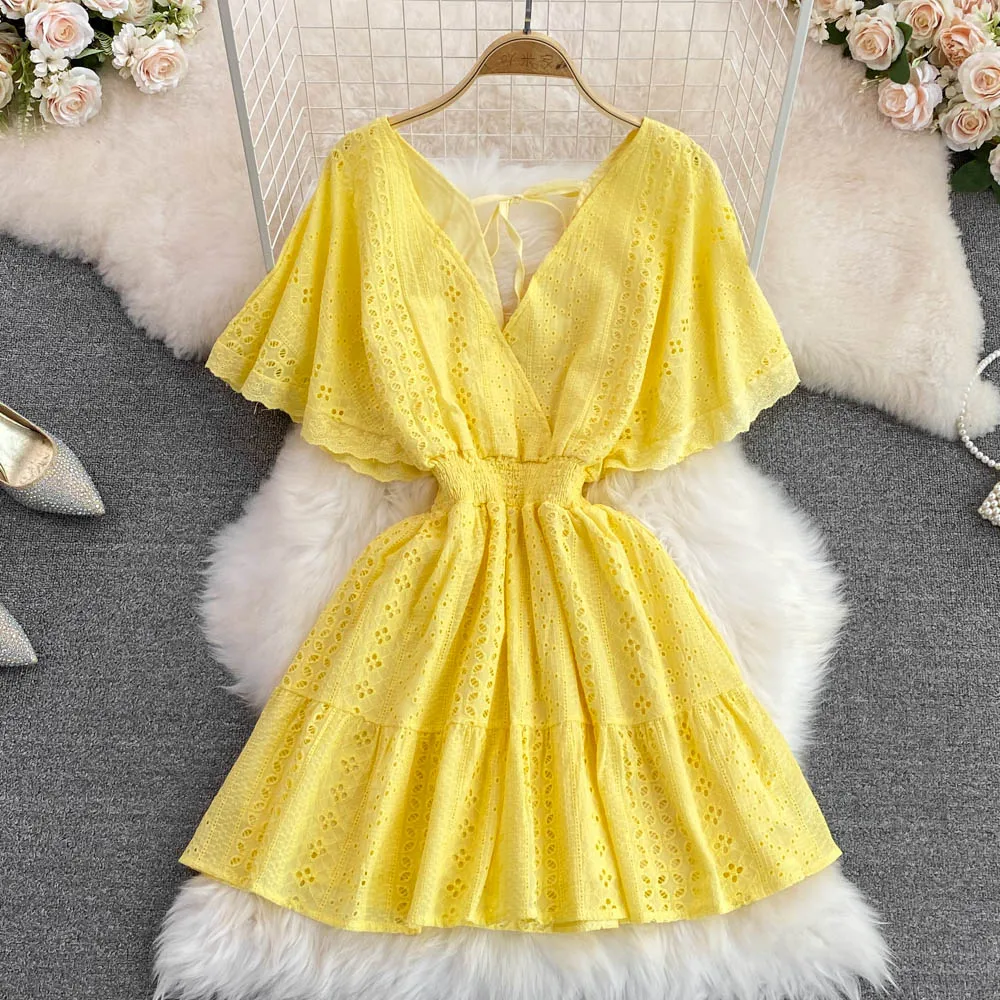 Boutique Wholesale 2023 Summer and Korean Fashion Hollowed-out Deep V-neck Waist Show Thin Ruffle Sleeve A-line Dress