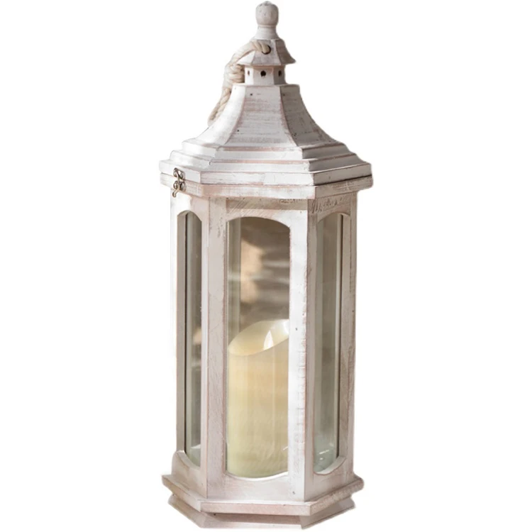 Decorative Lantern Retro Wooden Shooting Props Glass Lantern Candle Jars