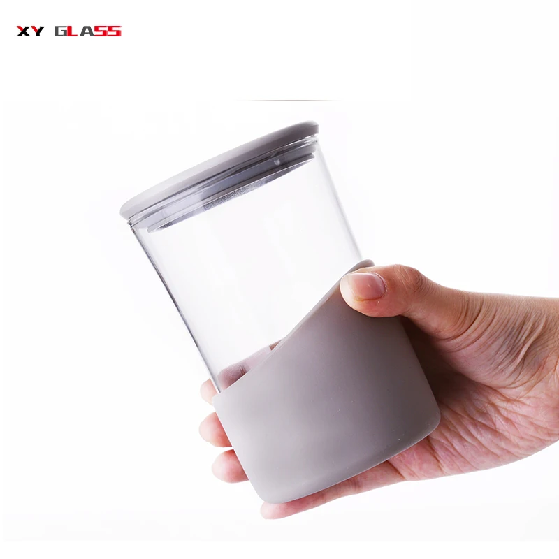 High borosilicate cooking glass with silicone sleeve and lid coffee cup