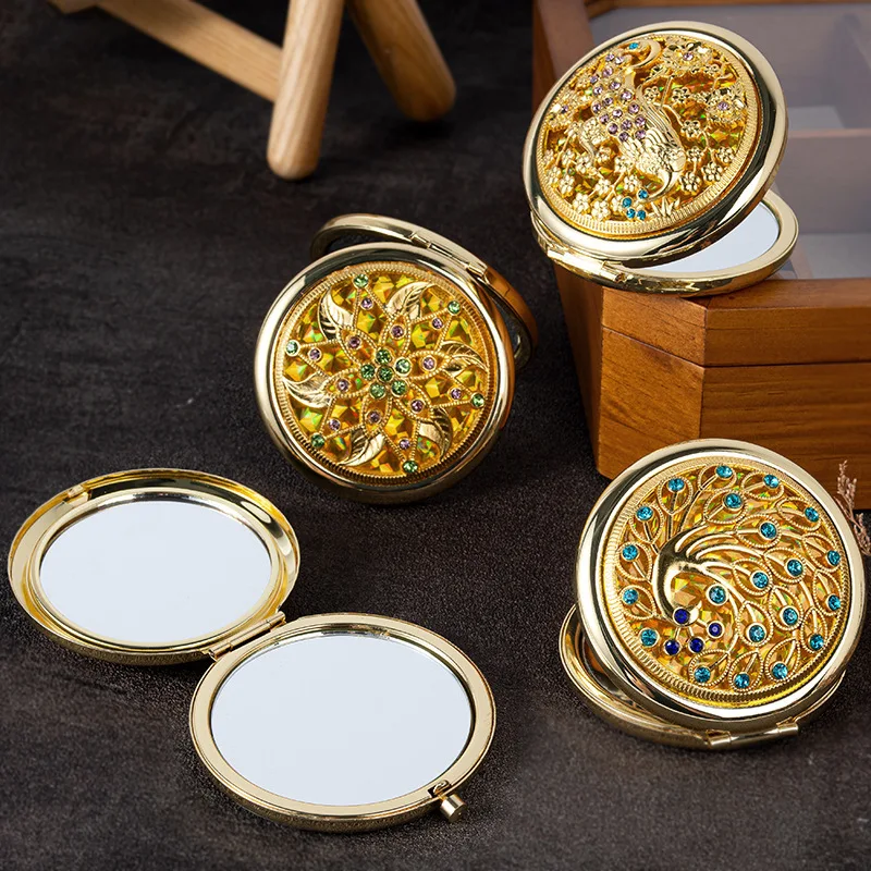 Retro Fashion Beauty Makeup Creative Cosmetic Mirror Vintage Gifts Metal Crystal Rhinestones Jewel Pocket Small Promotion Mirror