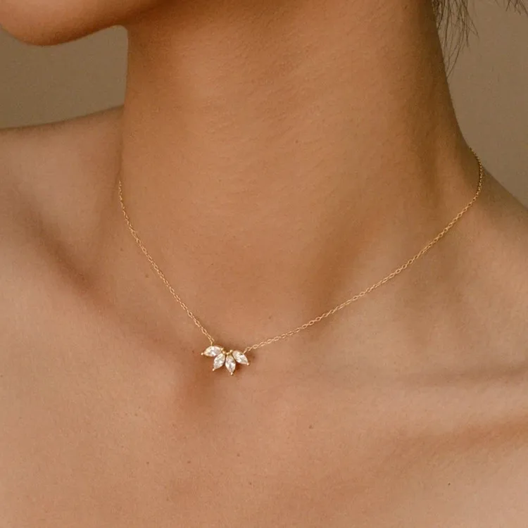 dainty real gold plated bridesmaid jewelry 925 sterling silver marquise diamond flower leaf necklace for girls