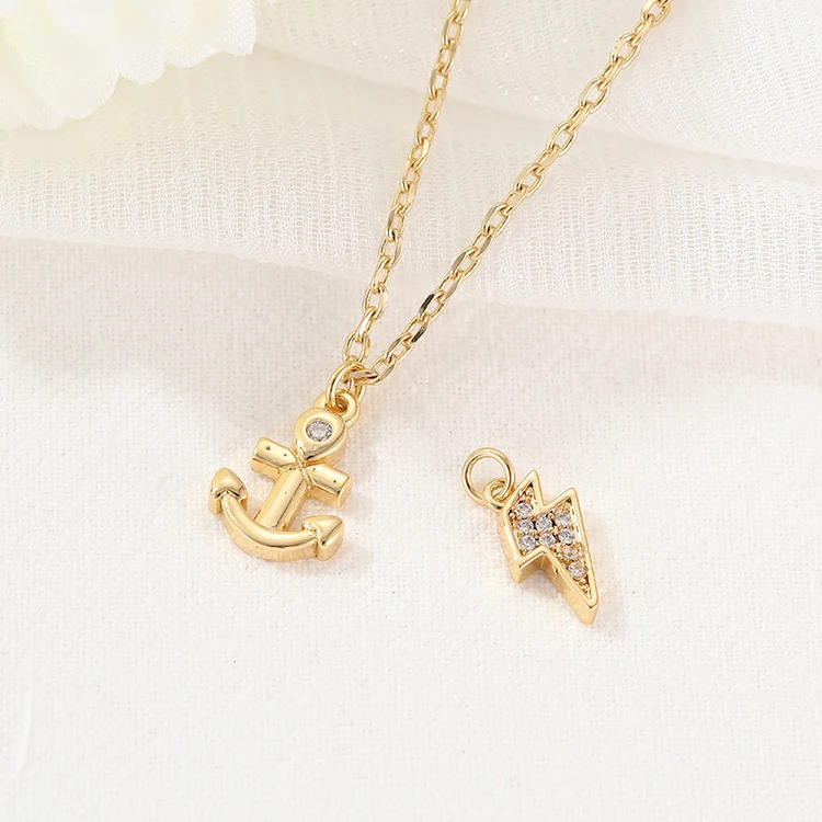 High Quality Inlaid CZ 14K Gold Plated Anchor Lightning Shape Small Gold Necklace Charms