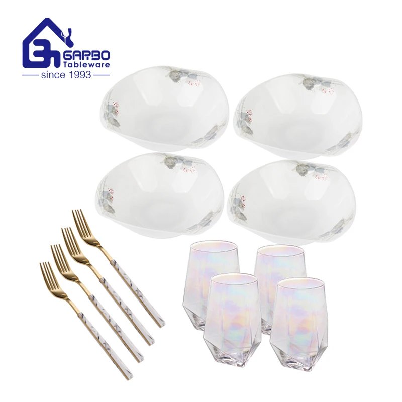 Color box pack customized logo tableware set heat resistant opal plate dinner set with water juice tumbler classic dinner spoon