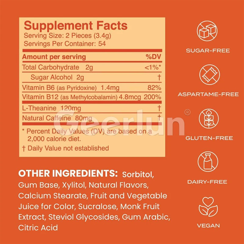 Best Selling Sugar Free Nootropic Gum for Energy & Focus Mints Candy Vitamin B Natural Caffeine Chewable Tablets