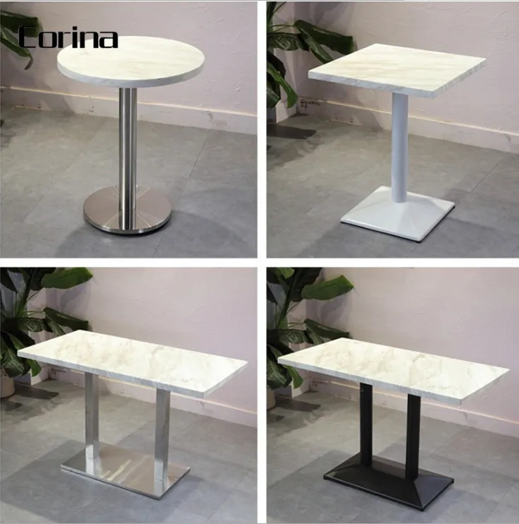 Outdoor minimalist marble top square restaurant table and chairs set stainless steel base dining table for cafe shop