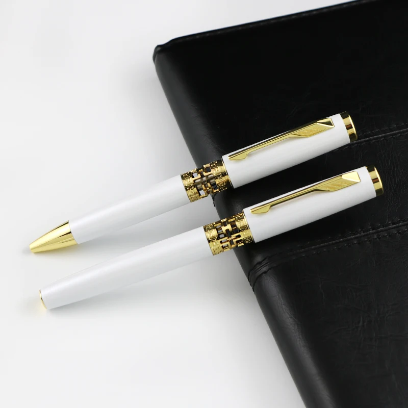 Luxury double pen set elegant white rose gold carved embroidery rollerball ballpoint pen sublimate pen black