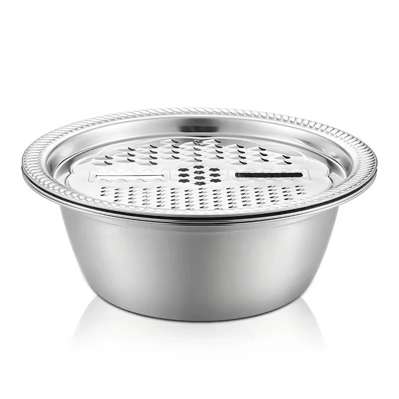Factory  stainless steel  multi-function basin with  grater 3 in 1 vegetable cutter washing colander bowl set