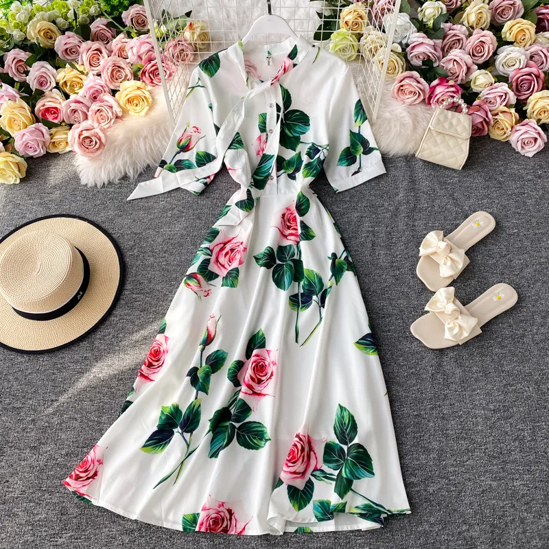 2022  Bohemian Stand Collar Lace-Up Dresses Women Casual Long Sleeves Woman Dress