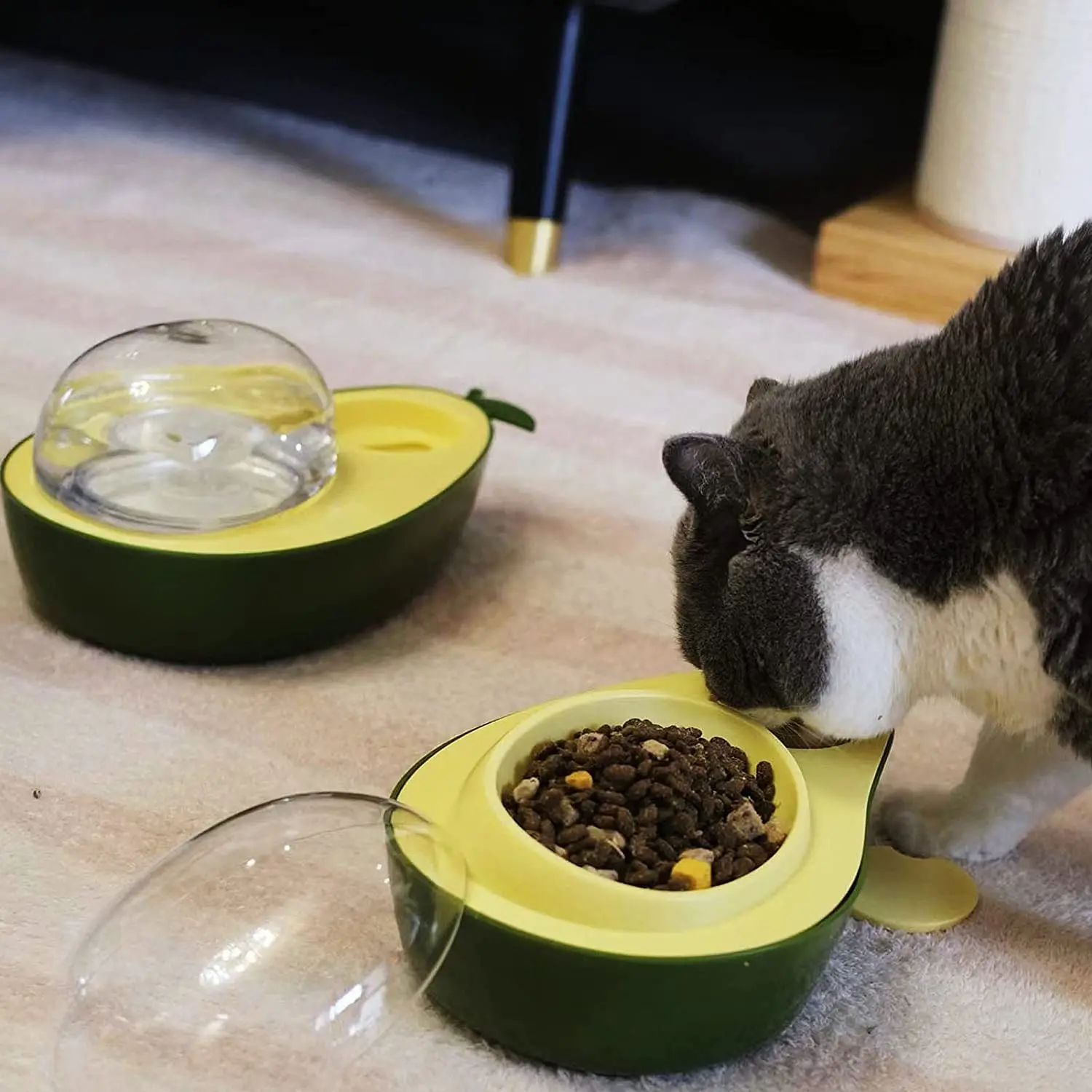 Avocado Anti-Overturning Double Bowl Cat Food Bowl Cat Dog Plastic Bowl
