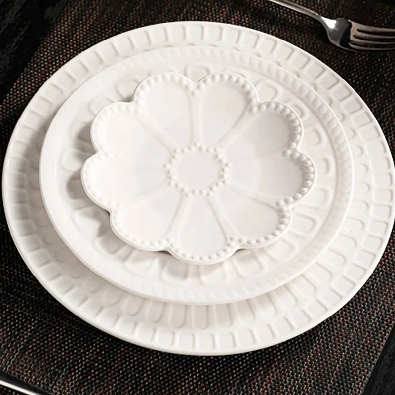 Elegant Embossed Design White Ceramic Dinner Plate Set