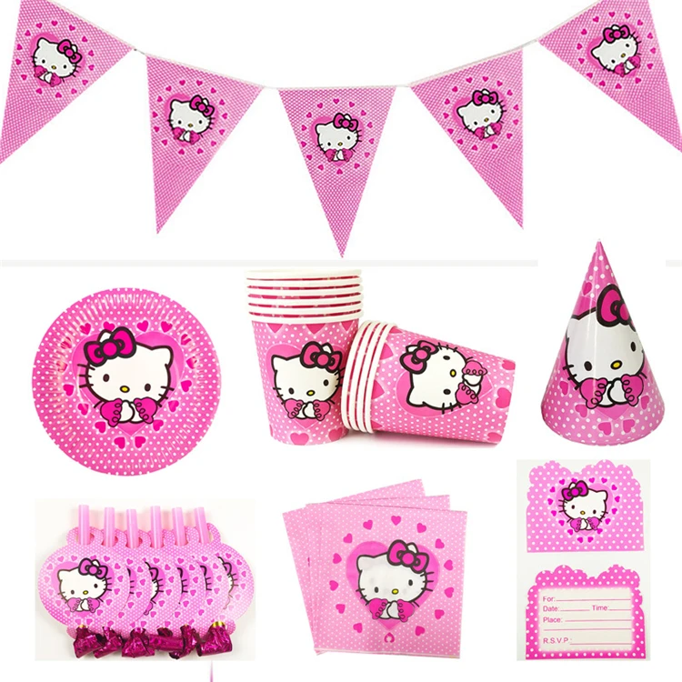 Hello Kitty Theme Disposable Tableware Party Decoration Set Paper Plate Banner Napkin Kid Girl Birthday Party Supplies Kit