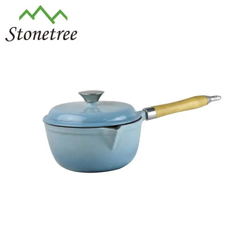 Orange Enamel Cast Iron Double Wall Whistling Milk Pot With Wooden Handle