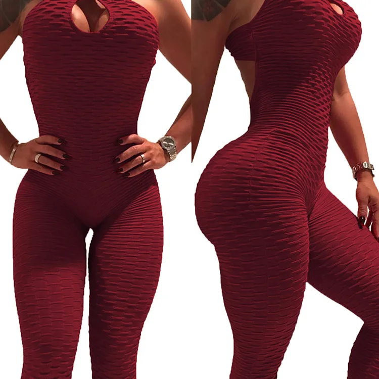 
Sport Fitness Black Jacquard Show Chest Bandage Backless Bodycon Jumpsuit Women 