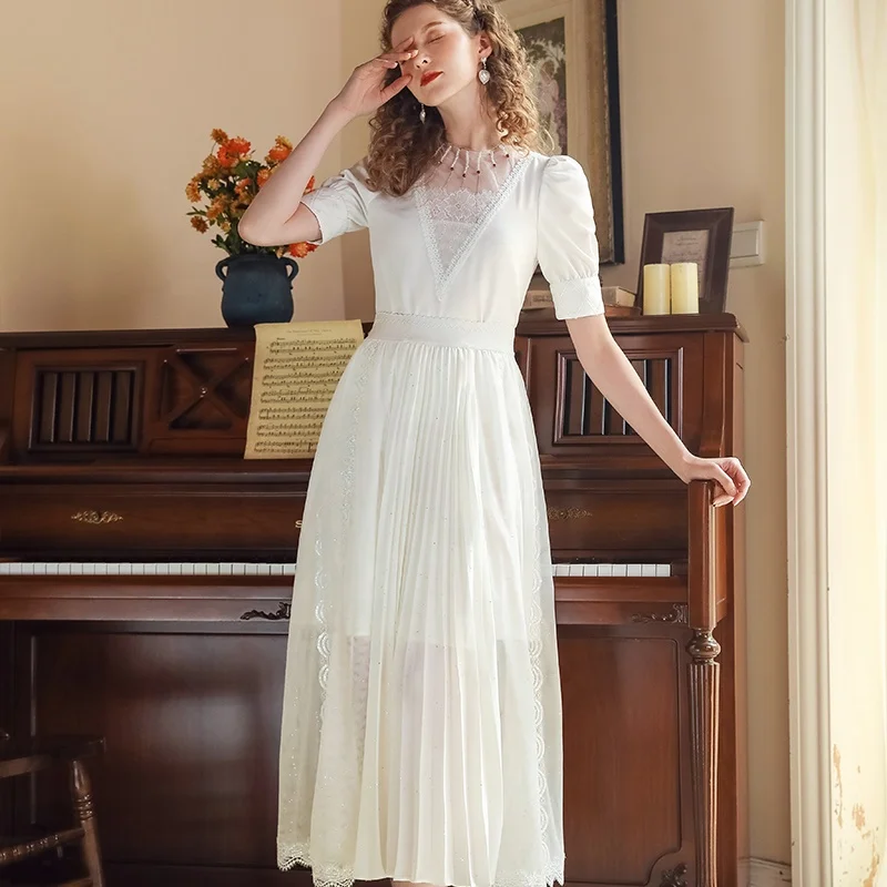 White High Waist A-line Skirt Sequin Pleated Ankle Tulle Skirt Elegant Ladies Skirts