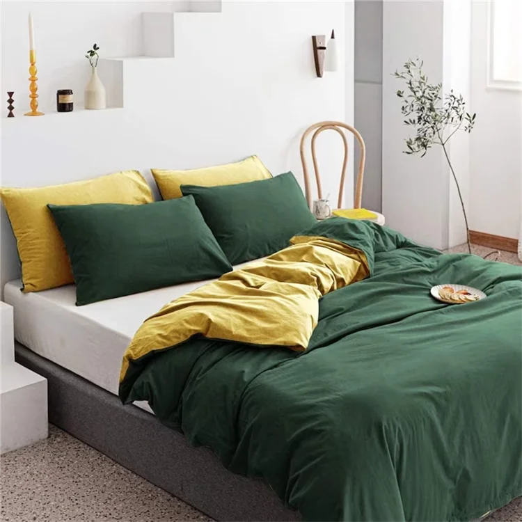 Oeko-tex hot selling 100% washed cotton customized bedding set customized bedsheet set Luxury cotton bed sheet green duvet cover