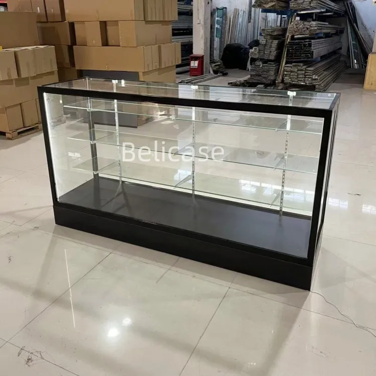 Manufacture Customized Square Frame Glass Display Showcase For Smoke Shop Led Light Design Aluminium Retail Stores