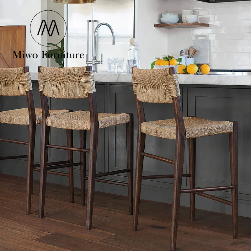 Midcentury kitchen Vintage Grass Rattan Chair Designer Weaving Rattan antique Bar Chair Household  Wooden Vine counter bar stool